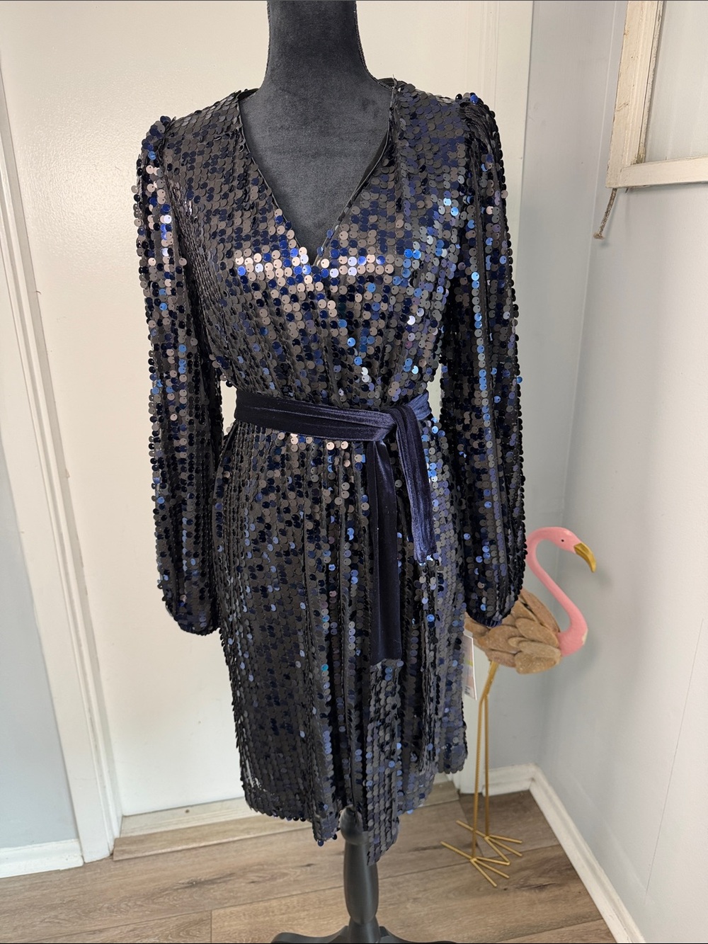 NWT Nanette Lepore Midnight Navy Sequin Wrap Dress Velvet Belt Size 4 /6